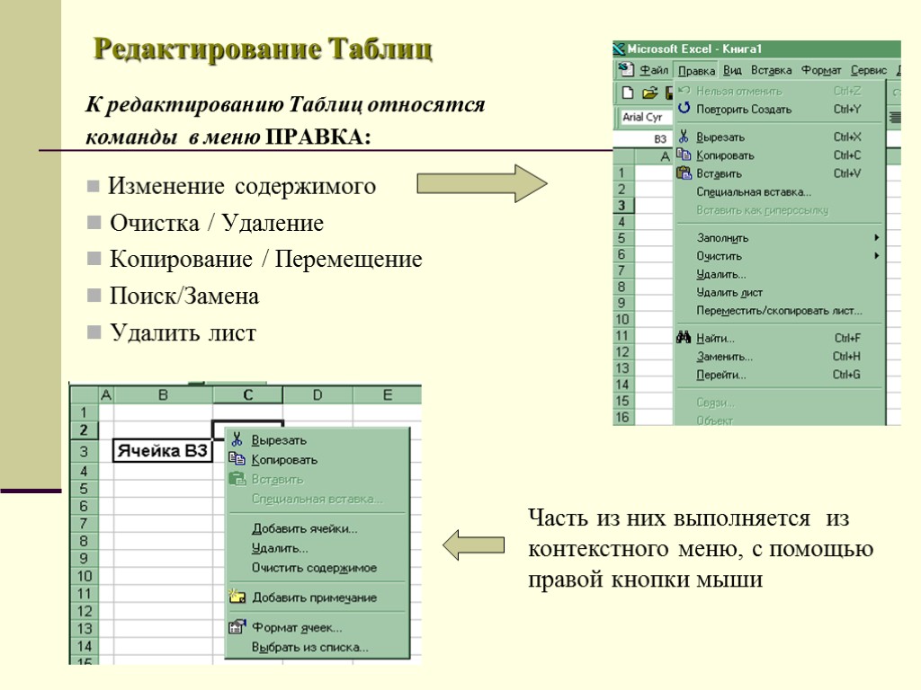 Редактирование Таблиц К редактированию Таблиц относятся команды в меню ПРАВКА: Изменение содержимого Очистка /